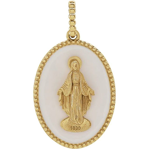 14k Yellow Gold Small White Enamel Miraculous Medal