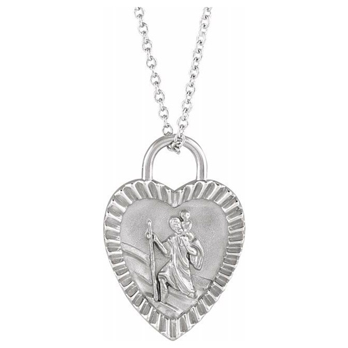 14k White Gold St. Christopher Heart Medal Necklace