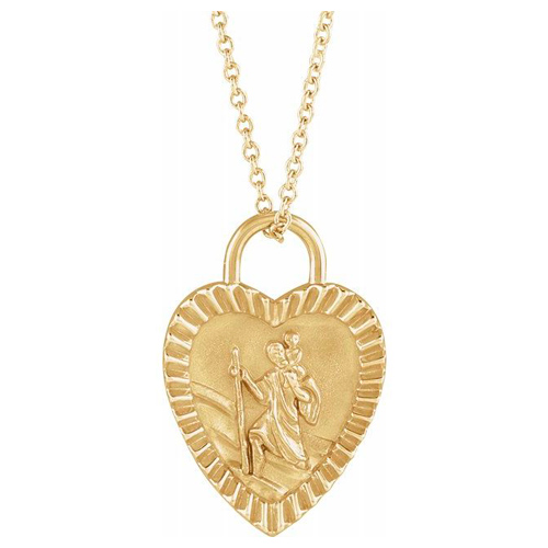 14k Yellow Gold St. Christopher Heart Medal Necklace