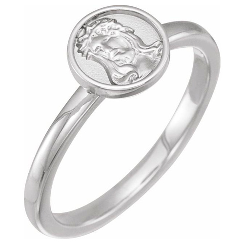 14K White Gold Jesus Ring with Round Border