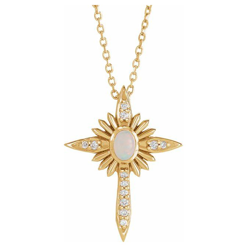 14k Yellow Gold White Opal and Diamond Nativity Cross Necklace