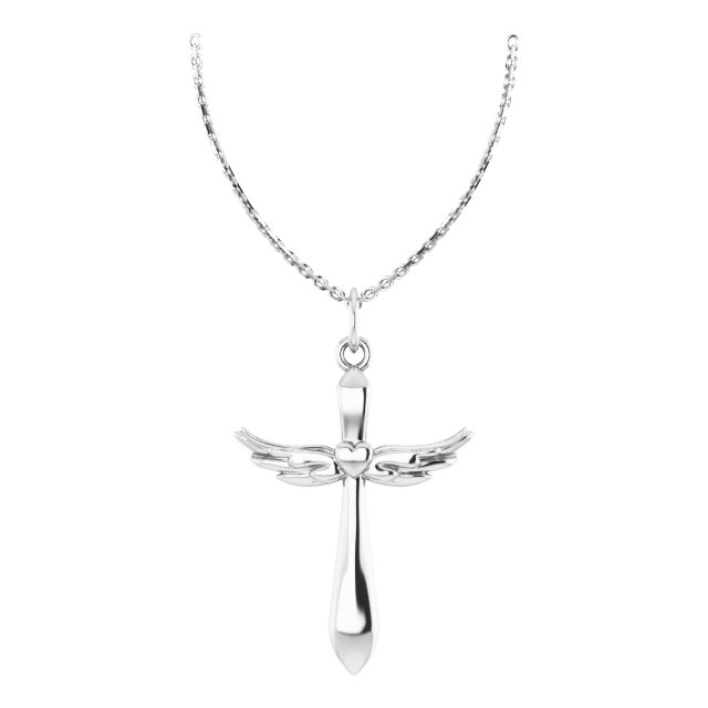 14k White Gold Angel Wings Heart Cross Necklace