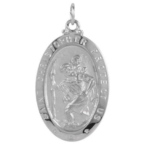 14kt White Gold 1in Oval St. Christopher Medal