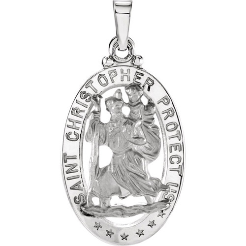 14kt White Gold 7/8in Open Oval St. Christopher Medal