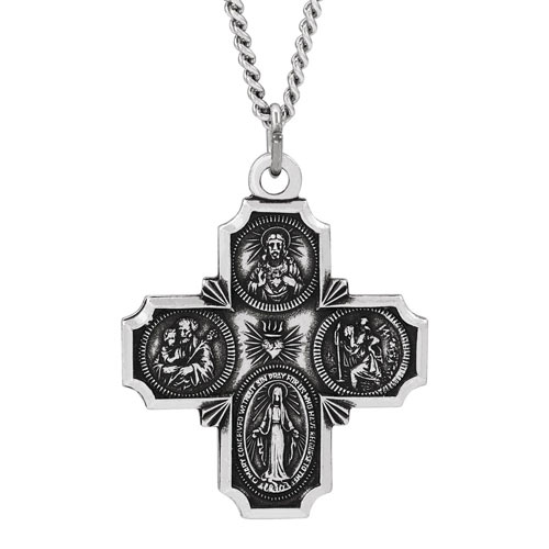 Sterling Silver 1 1/8in Four Way Medal Cross & 24in Chain