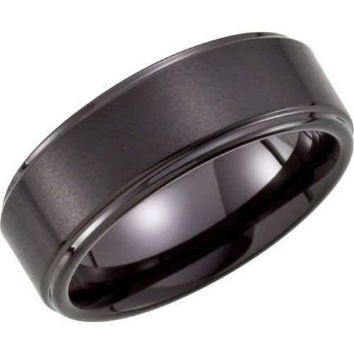 Black Tungsten Ring Satin Finish And Ridged Edges 8mm