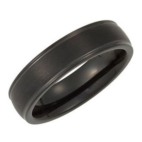 Black Tungsten Ring With Satin Finish and Ridged Edges 6mm