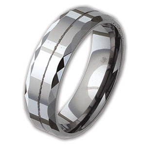 Beveled 6mm Tungsten Ring with Facets and Groove