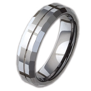 Beveled 6mm Tungsten Ring with Flat Facets and Groove