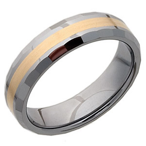 Beveled 6mm Tungsten Wedding Band with Flat Facets and 18KT Gold Inlay