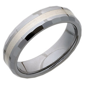 Beveled 6mm Tungsten Wedding Band with Flat Facets and Sterling Silver Inlay