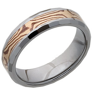 Beveled 6mm Tungsten Wedding Band with Flat Facets and Shakudo and 14kt Gold Inlay
