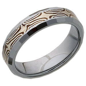 Beveled 6mm Tungsten Wedding Band with Flat Facets and Shakudo and Sterling Silver Inlay