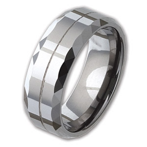 Beveled 8mm Tungsten Ring with Facets and Groove