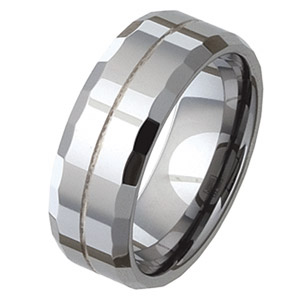 Beveled 8mm Tungsten Ring with Flat Facets and Groove
