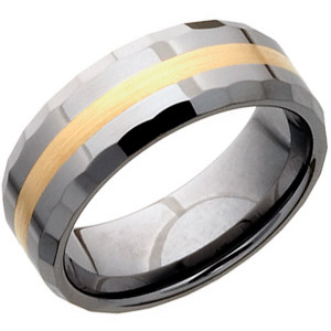 Beveled 8mm Tungsten Wedding Band with Flat Facets and 18KT Gold Inlay