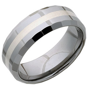 Beveled 8mm Tungsten Wedding Band with Flat Facets and Sterling Silver Inlay