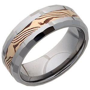Beveled 8mm Tungsten Wedding Band with Flat Facets and Shakudo and 14kt Gold Inlay