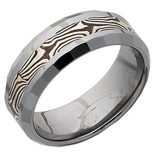 Beveled 8mm Tungsten Wedding Band with Flat Facets and Shakudo and Sterling Silver Inlay