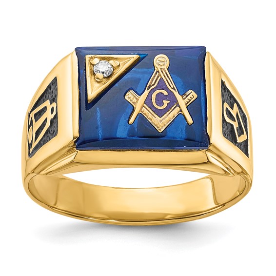 Diamond Masonic Ring with Rectangular Blue Stone 14k Yellow Gold