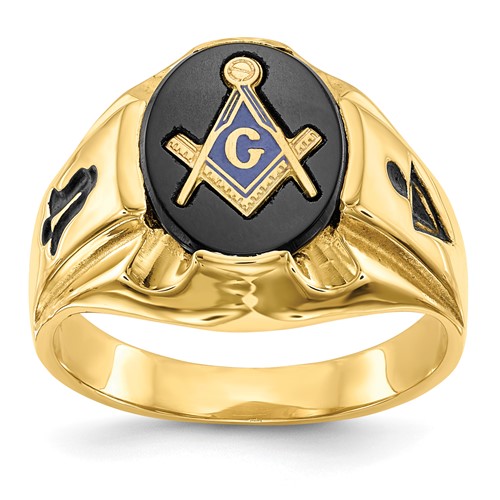 14k Yellow Gold Masonic Ring with Oval Onyx and Black Emblems