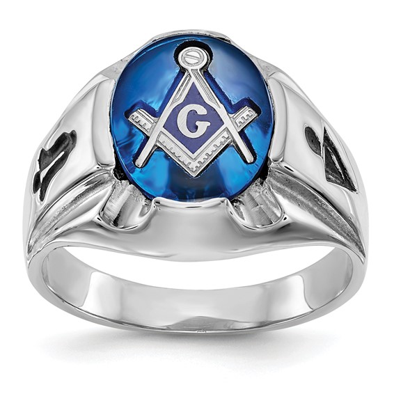 Masonic Ring with Oval Blue Stone and Black Emblems 14k White Gold