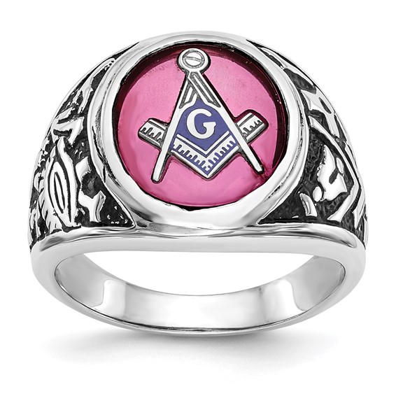Jumbo Antiqued Masonic Ring with Red Oval Stone 14k White Gold