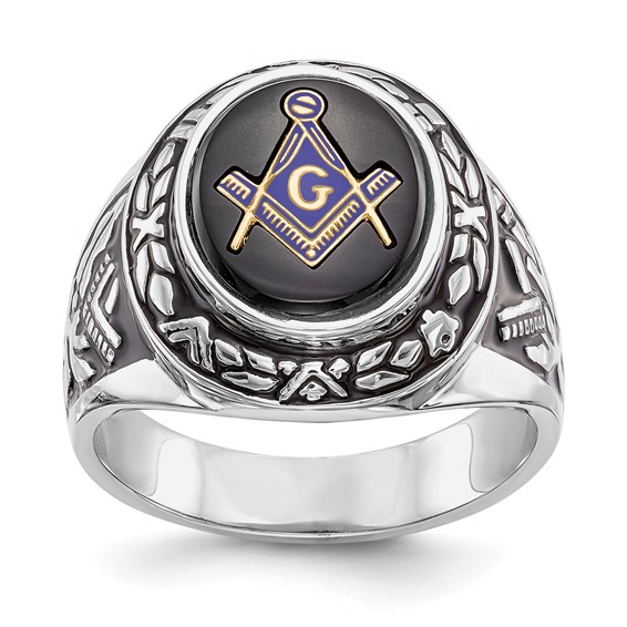 Jumbo Masonic Ring Black Onyx Laurel Leaf Bezel 14k White Gold
