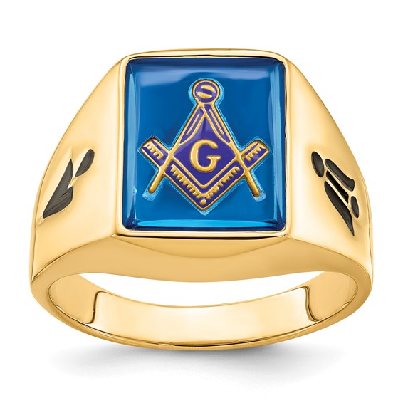Rectangular Blue Masonic Ring with Open Back 14k Yellow Gold