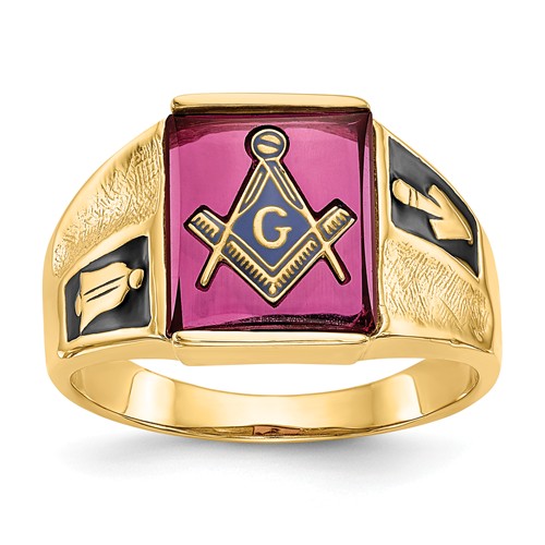 14k Yellow Gold Rectangular Masonic Ring with Synthetic Ruby Red Stone