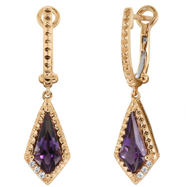 Yael Designs Borealis 14k Rose Gold 1.5 ct tw Kite Amethyst Dangle Hoop Earrings with Diamonds