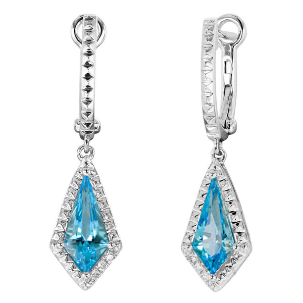 Yael Designs Borealis 14k White Gold 2.2 ct tw Kite Blue Topaz Dangle Hoop Earrings with Diamonds