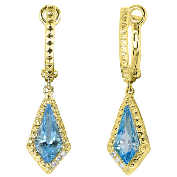 Yael Designs Borealis 14k Yellow Gold 2.2 ct tw Kite Blue Topaz Dangle Hoop Earrings with Diamonds