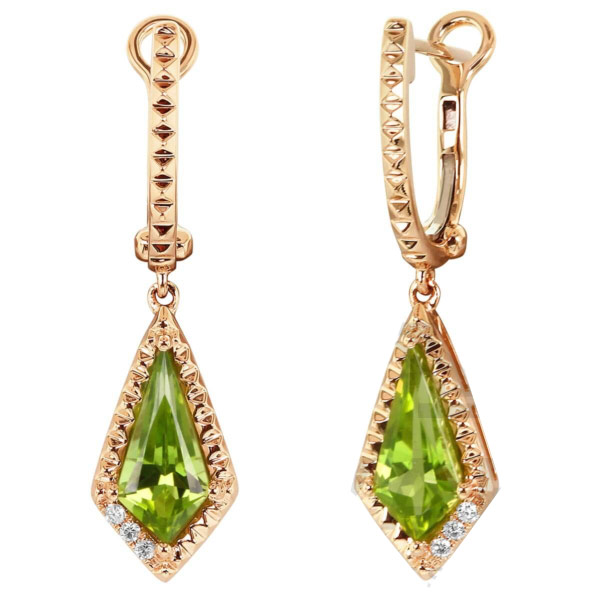 Yael Designs Borealis 14k Rose Gold 2.6 ct tw Kite Peridot Dangle Hoop Earrings with Diamonds