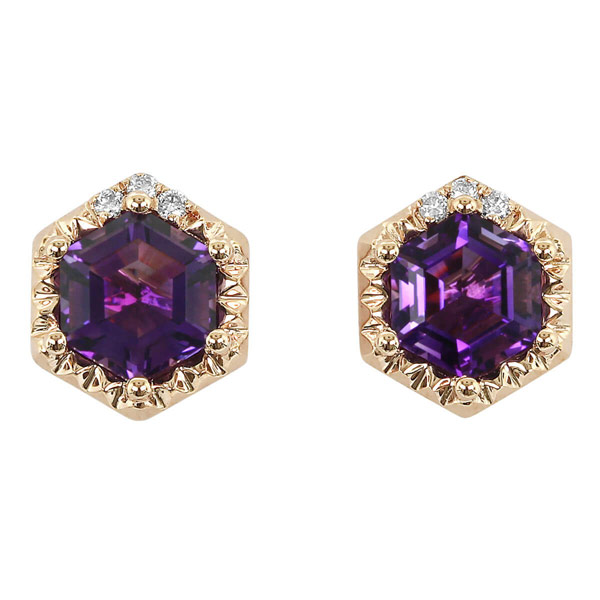 Yael Designs Borealis 14k Rose Gold Hexagon Amethyst Earrings with Diamonds