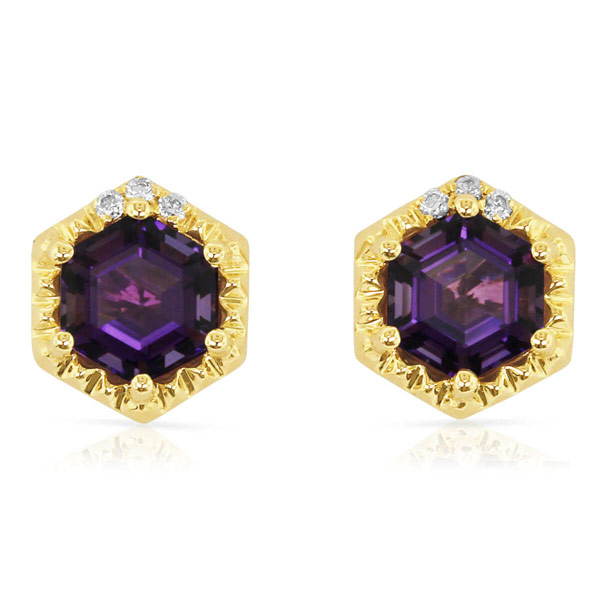 Yael Designs Borealis 14k Yellow Gold Hexagon Amethyst Earrings with Diamonds