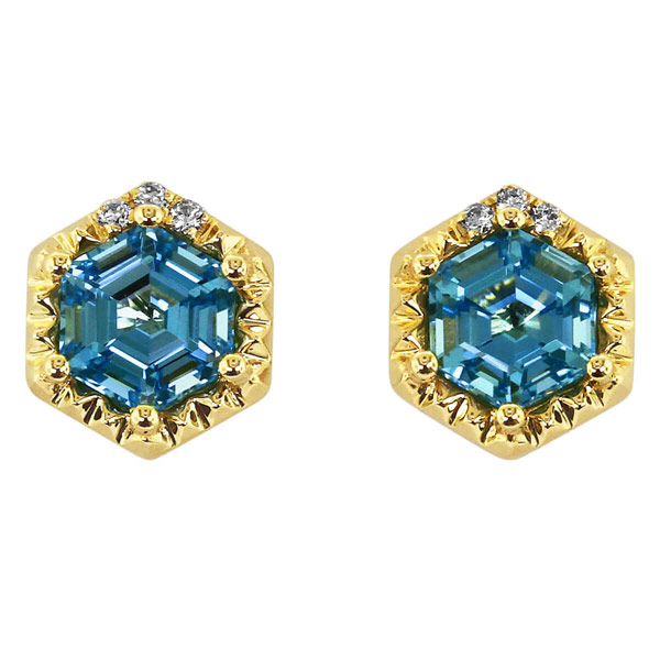 Yael Designs Borealis 14k Yellow Gold Hexagon Blue Topaz Earrings with Diamonds
