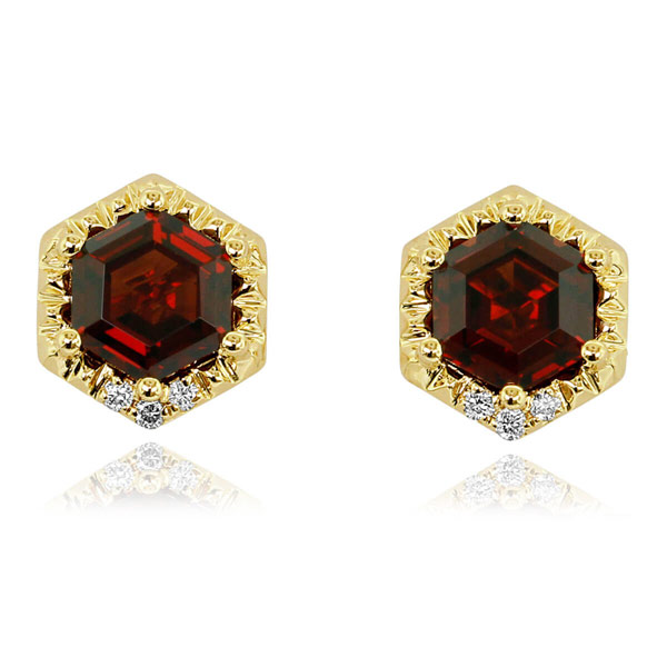 Yael Designs Borealis 14k Yellow Gold Hexagon Garnet Earrings with Diamonds