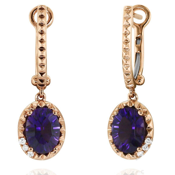 Yael Design Borealis 14k Rose Gold 2.1 ct tw Oval Amethyst Dangle Hoop Earrings with Diamonds