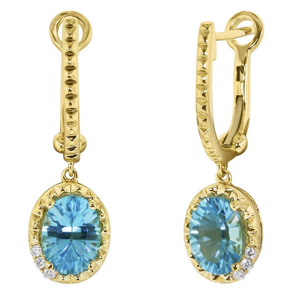 Yael Designs Borealis 14k Yellow Gold 2.8 ct tw Oval Blue Topaz Dangle Hoop Earrings with Diamonds