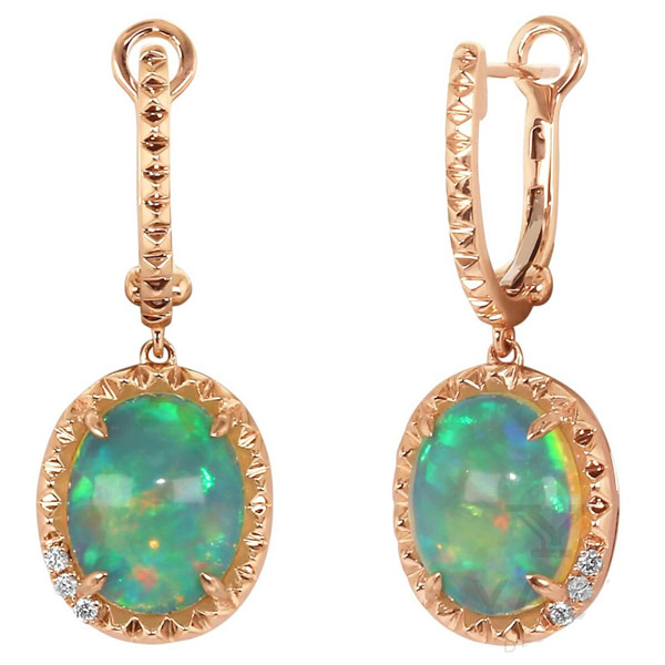 Yael Designs Borealis 14k Rose Gold 2.0 ct tw Oval White Opal Dangle Hoop Earrings with Diamonds