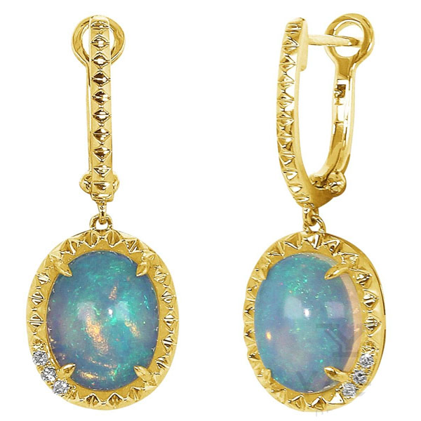 Yael Designs Borealis 14k Yellow Gold 2.0 ct tw Oval White Opal Dangle Hoop Earrings with Diamonds