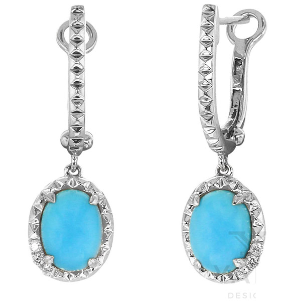 Yael Designs Borealis 14k White Gold 2.1 ct tw Oval Turquoise Dangle Hoop Earrings with Diamonds