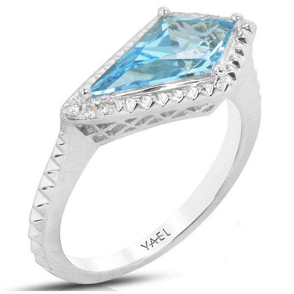 Yael Designs Borealis 14k White Gold 1.8 ct tw Kite Blue Topaz Ring with Diamonds