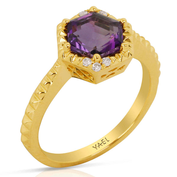 Yael Designs Borealis 14k Yellow Gold 1.5 ct Hexagon Amethyst Ring with Diamonds