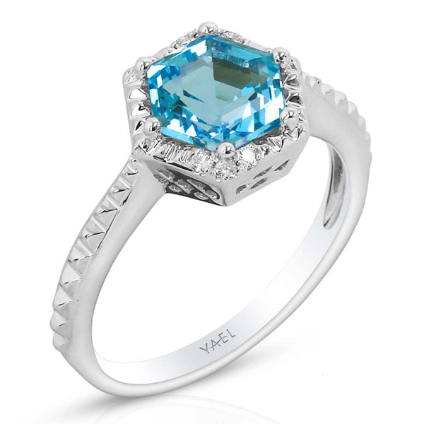 Yael Designs Borealis 14k White Gold 2.0 ct Hexagon Blue Topaz Ring with Diamonds