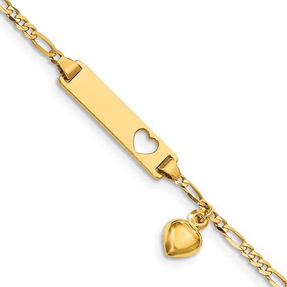 14kt Yellow Gold 6in Figaro Link Child ID Bracelet with Dangling Heart