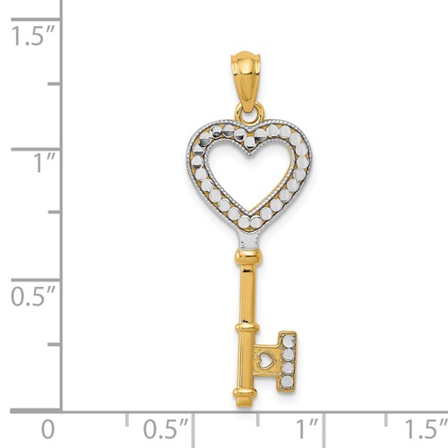 14k Yellow Gold and Rhodium Heart Key Pendant with Dots 1in D3851