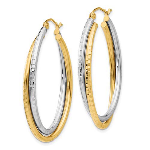 14k Two-tone Gold Diamond-cut Oval Hoop Earrings 1.5in TF479
