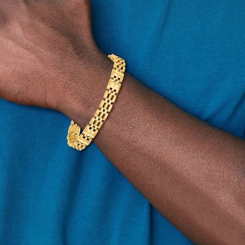 14k Yellow Gold Men's Railroad Link Bracelet With Satin and Polished